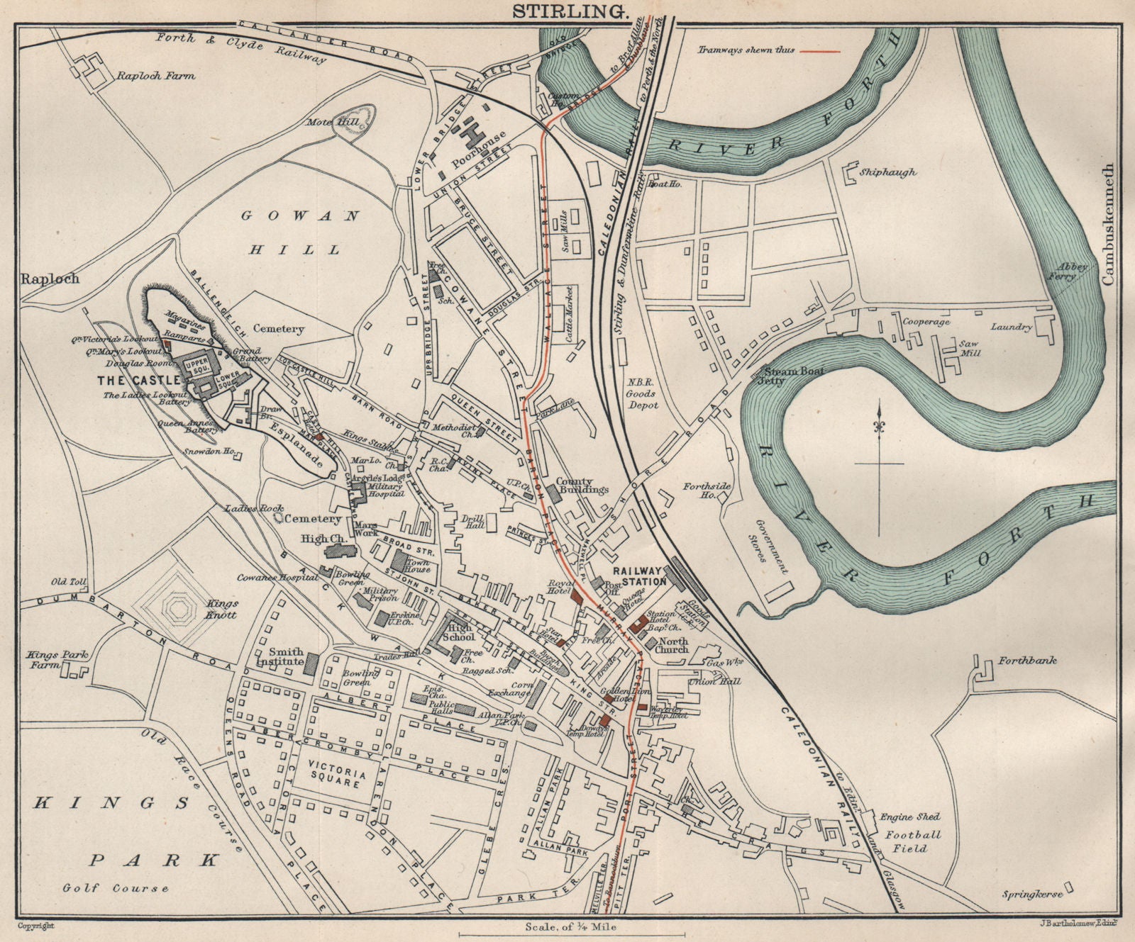 STIRLING town/city plan. Scotland. BARTHOLOMEW 1908 old antique map chart